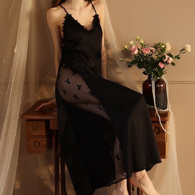 Camisón largo para mujer, bata de baño alargada, ropa de dormir para mujer, de manga larga, de satén, para el hogar, camisón fino de poliéster para mujer