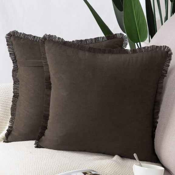 Set of 2 Suede Throw Pillow Covers with Fringe Tassels 24x24 Inch Dark Brown Soft Decorative Cushion Cover for Sofa Bedroom Pillow Shell Dark Brown 24" x 24" (Pack of 2)