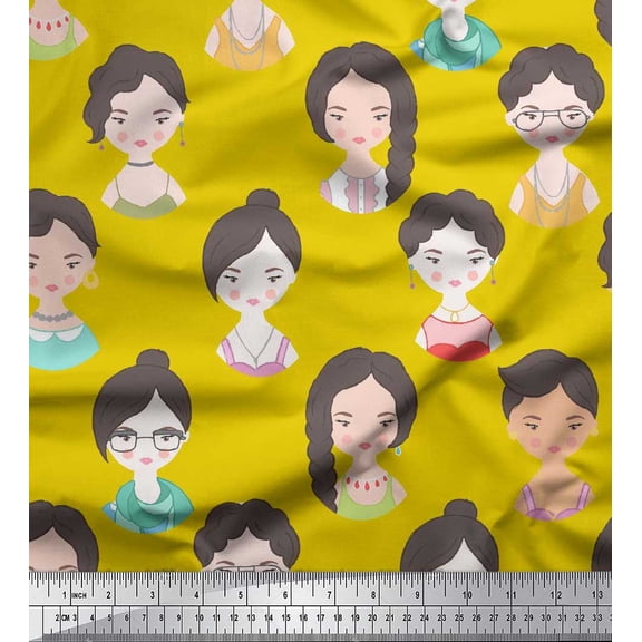 Soimoi Yellow Poly Georgette Fabric Women Face Human Figure Printed Fabric 1 Yard 42 Inch Wide