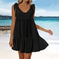 thumbnail image 2 of Alkepwun Mini Dress Womens Summer Solid Casual V Neck Sleeveless Tie Strap Tiered Sundress Loose High Waist Off-Shoulder Ruffle Swing A Line Short Dresses, 2 of 7