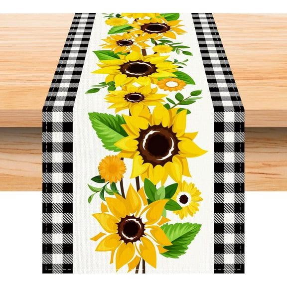 Linen White and Black Buffalo Plaid Check Sunflower Table Runner 72 Inches Long Spring Summer Fall Autumn Farmhouse Home Kitchen Table Decoration