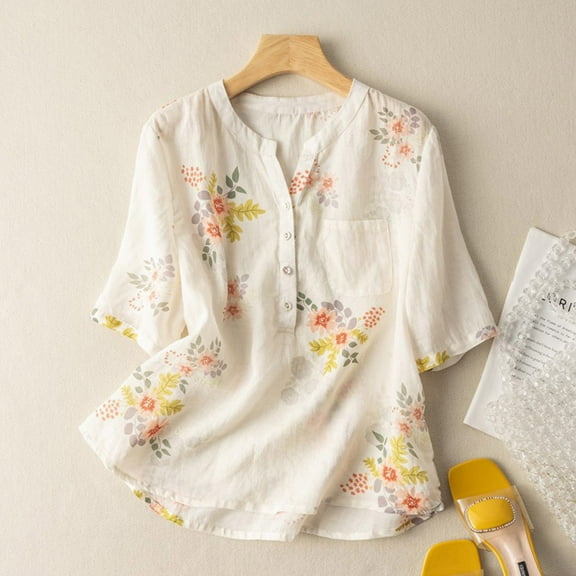 Blouse for Women Floral Print Cotton Linen Short Sleeved Shirt Loose Slimming Short Sleeved V-Neck Top