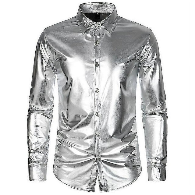 Nightclub Party Style Shiny Fashion Men's Long Sleeve Slim Fit Button Up Shirt For Spring Fall
