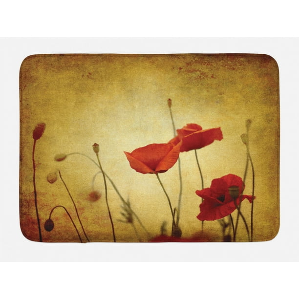 Poppy Bath Mat Poppies And Flower Buds On Ambient Dark Grunge Background With Retro Effects Bohemian Non Slip Plush Mat Bathroom Kitchen Laundry Room Decor 29 5 X 17 5 Inches Cream Red Ambesonne