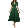thumbnail image 2 of THDHVS Dresses for Women,Women's Solid Color Temperament High Waist Short Sleeve V neck Dress Army Green L, 2 of 7