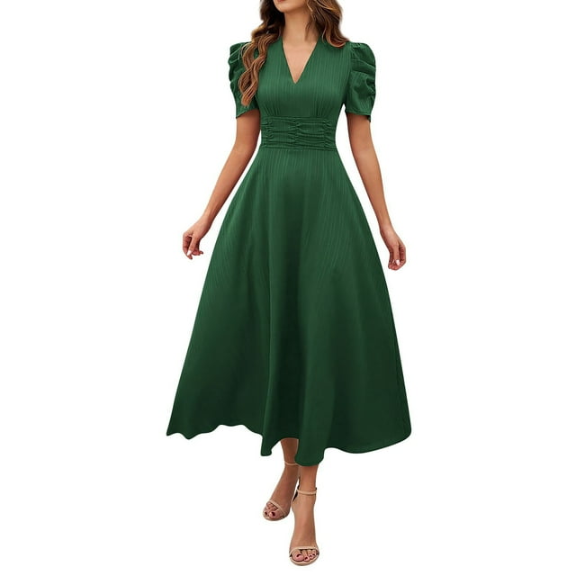 Daiosportswear Robe à Manches Courtes Taille Haute Col en V pour Femmes Couleur Unie Vert Armée m(m)