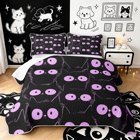 Manfei Cartoon Cat Twin Quilt Set, Kawaii Abstract Kitten Twin Coverlet Set, Black Orchid, 2pcs, 1 Bedspread and 1 Pillowcase