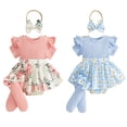 thumbnail image 1 of Baby Girl 3Pcs Summer Outfits Faux Two-piece Design Floral/Daisy Print Plaid Short Sleeve Ruffle Romper Dress + Bow Headband  Matching Bow Stockings Set, 1 of 10