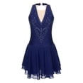 thumbnail image 3 of iEFiEL Womens Rhinestone Figure Skating Dress Chiffon Illusion Deep V-neck Ballet Lyrical Leotard Dance Dress Navy Blue XXL, 3 of 7
