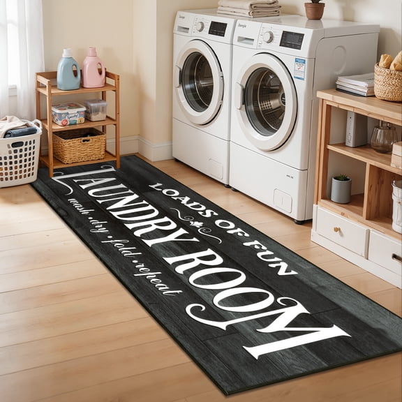 Findosom 24"x72" Farmhouse Laundry Rug Floor Mat,Non Slip Laundry Room Runner Rug with Rubber Backing Washable Indoor Floor Area Rug for Kitchen Laundry Bathroom Hallway Entryway,Black