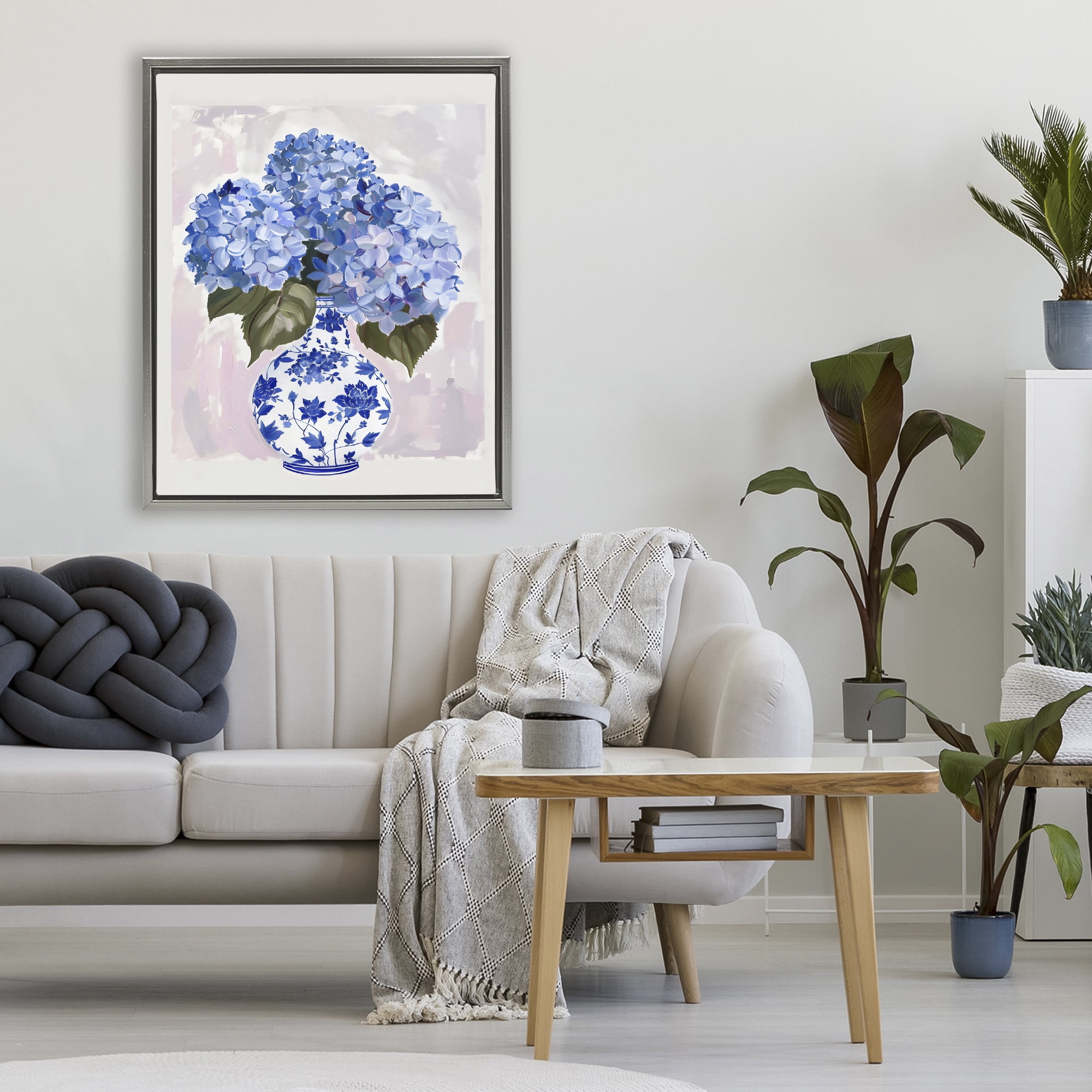Stupell Industries Blue Hydrangea in Porcelain Vase Gray Framed Floater Canvas Wall Art, design by The Prints Vibe