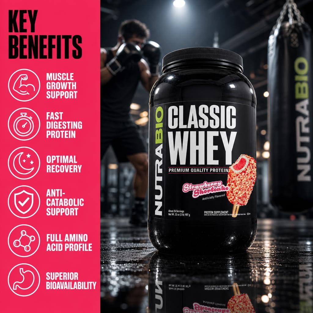 NutraBio Classic Whey Protein Powder Supplement - 25g of Protein Per Scoop - Full-Spectrum Amino Acid Profile with No Fillers, Artificial Colors, or Preservatives - Strawberry Shortcake, 2 Pounds