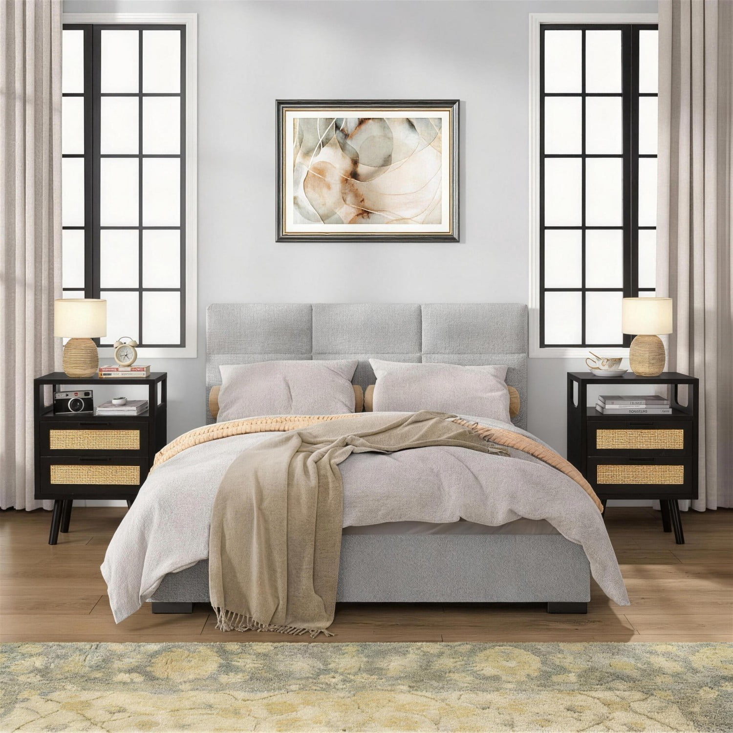 Set of 2 Nightstands with 2 Drawers, Modern Bedside Table with Metal Handles, Black Wooden End Table Storage Cabinet for Bedroom Living Room