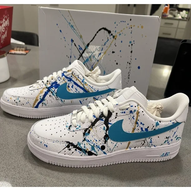 Air Force 1 Custom Splatter Gold Teal Black White Shoes Sneakers Art Mens Womens