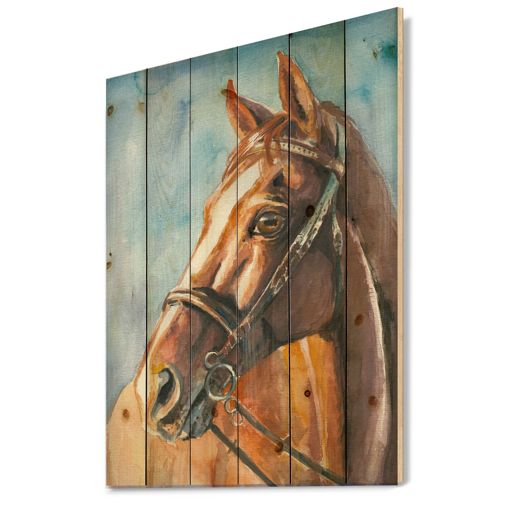 Designart 'Close Up Portrait of A Brown Horse' Farmhouse Print on Natural Pine Wood