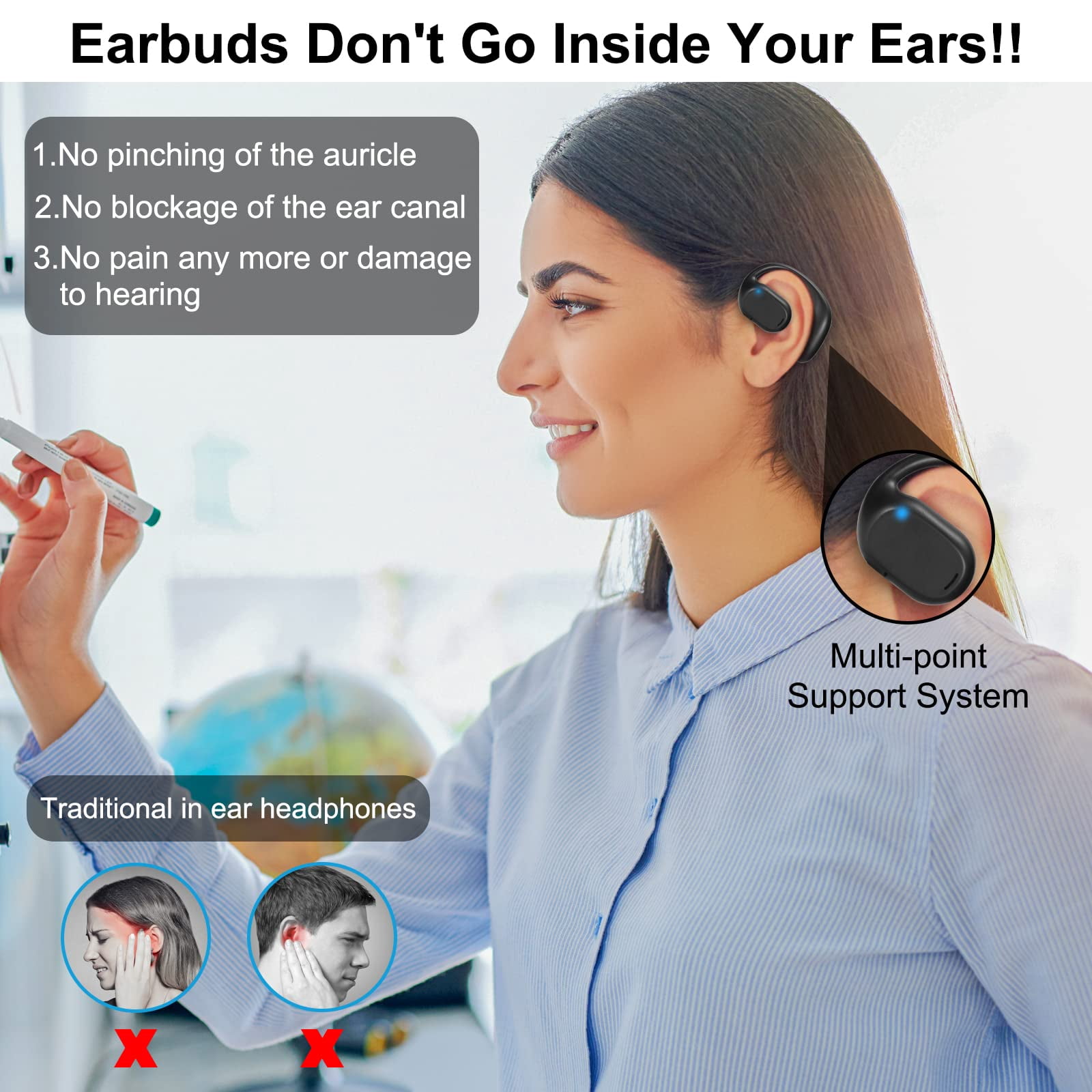 WUSI Open Ear Headphones , Air Conduction Headphones Bluetooth 5.3 Touch Control Wireless Earbuds, Up to 16 Hours Playtime Earphones with Dual 16.2mm Dynamic Drivers Deep Bass
