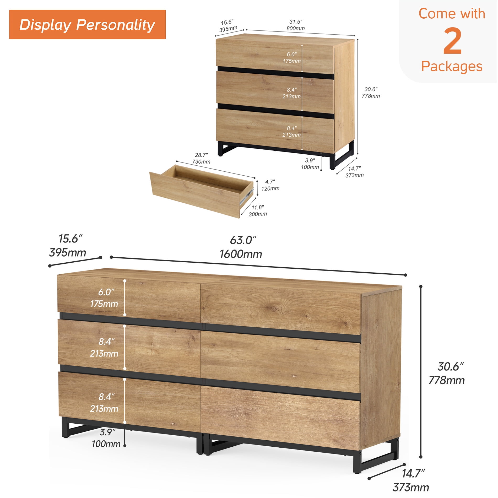 WAMPAT Modern TV Stand Fits up to 70" TV, Entertainment Center with 6 Drawers and Sturdy Metal Base, Media Console for Living Room & Bedroom, Oak