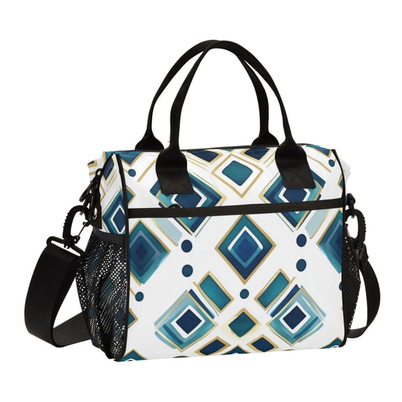 FORMRS Insulated Lunch Bag Unisex Large Capacity with Shoulder Strap, Green Geometric Pattern