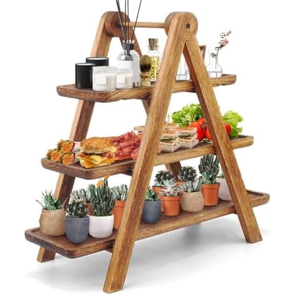 Wood 3 Tier Serving Tray Three Tiered Cupcake Stand, Rectangle Serving Platter Wooden Farmhouse Tiered Tray, Party Serving Brown Decorative Tray Decor