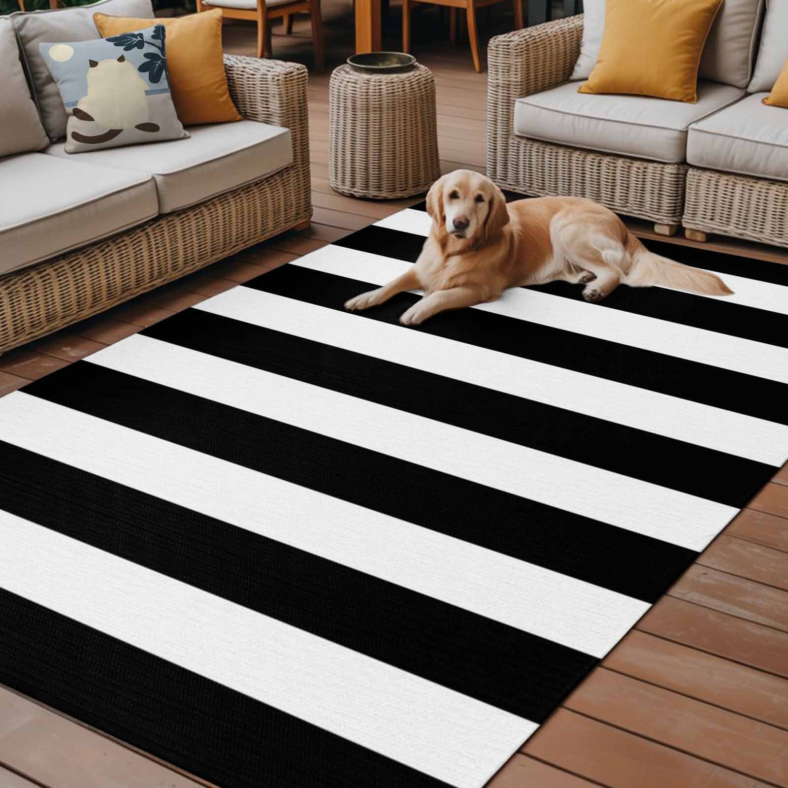 Outdoor Rug 6x9 ft Black and White Striped Pattern Waterproof Outdoor Patio Rug Mat Non Slip Outside Area Rugs Carpet for RV,Camping,Porch,Deck,Pool,Balconybackyard,Minimalist