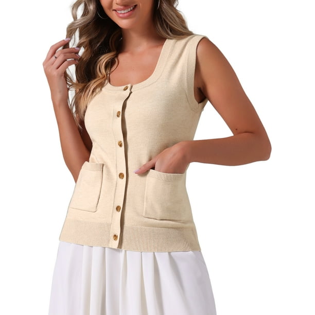 CHALCO INSPIRADOR Chaleco de Suéter para Mujeres Cuello Cuadrado Sin Mangas Cierre de Botón Casual Tops L Albaricoque