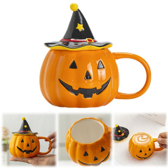 HUASHENG Halloween Novelty Ceramic Mug With Lid Cute Jack O' Cup,Witch Hat Pumpkin Mug Cute Halloween Ceramic Cup