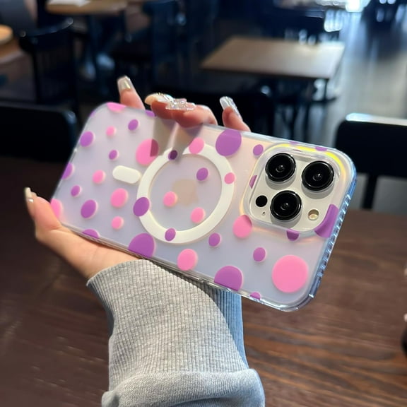for iPhone 14 Pro Max Phone Case, Compatible with MagSafe, Fancy Polka Dot Aesthetic Unique for Women Girls, Shockproof Soft TPU & Frosted Hard Pc 6.7 inch Purple Pink