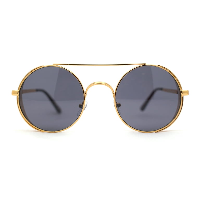 Racer Gold - Black Yellow Sunglasses Circle Bridge Double Cafe Retro Side Round Windbreaker Lens