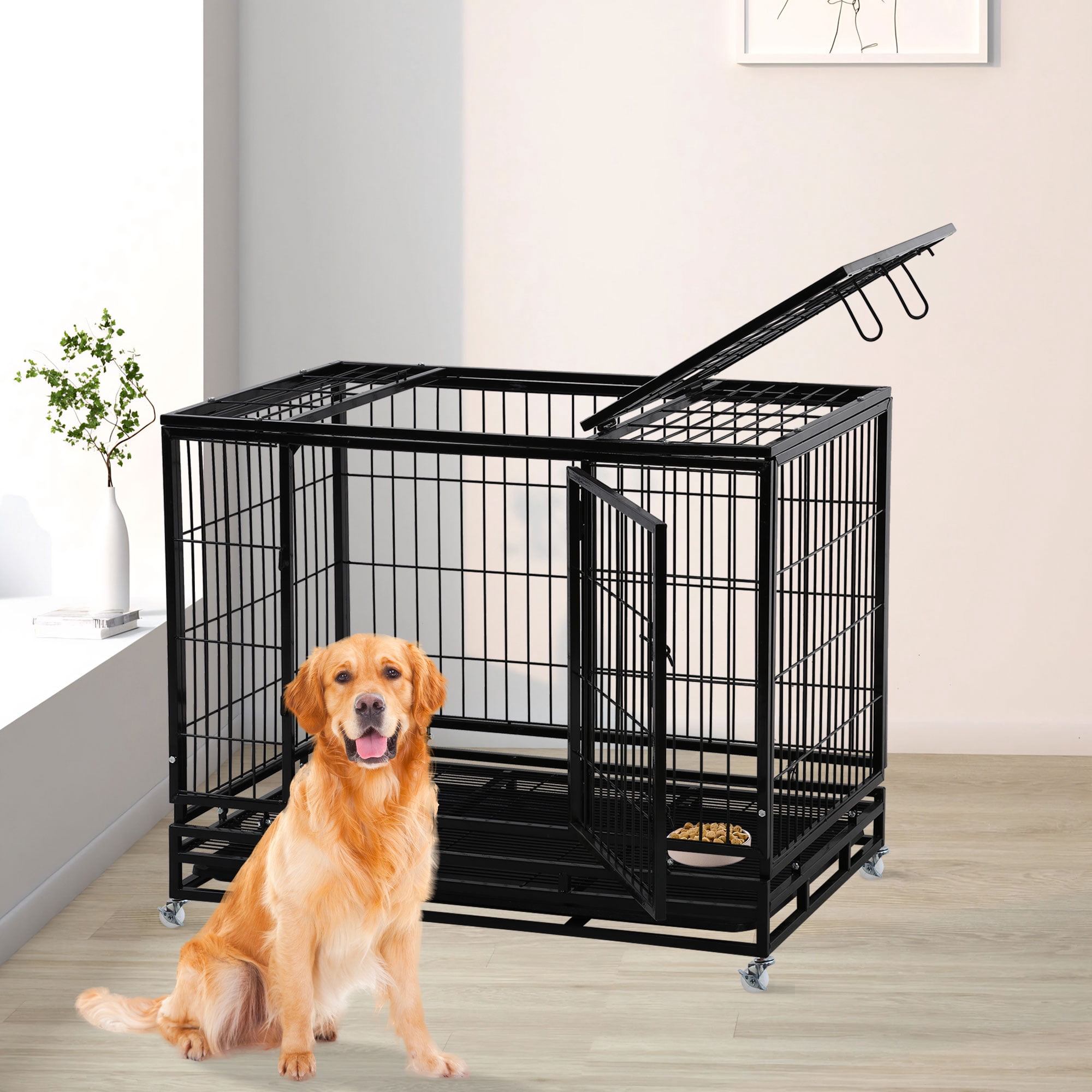 CL.HPAHKL 42 Inch Dog Crate, Heavy Duty Dog Kennel with Lockable Wheels Wire Dog Crate with Double-Door,Divider Panel, Removable Tray Indestructible Dog Crates Dog Cage for Large Medium Dogs, Black