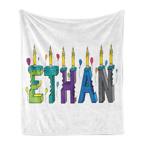 Ethan Soft Flannel Fleece Throw Blanket, Celebration Themed Candles and Bitten Cake Popular Male Name Birthday Party Image, Cozy Plush for Indoor and Outdoor Use, 50" x 70", Multicolor, by Ambesonne