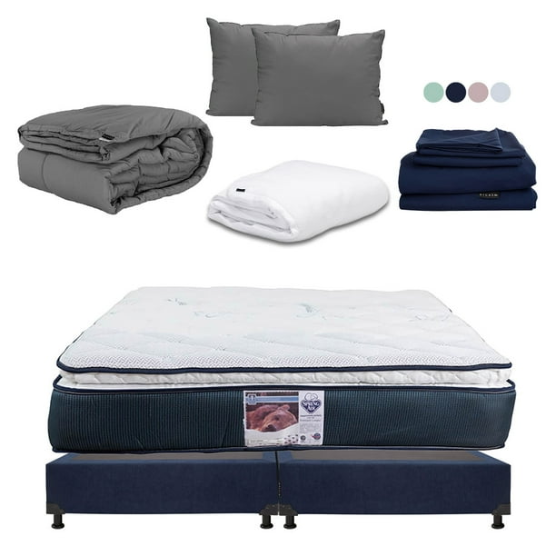 Colchón King Size Monaco + Box Base Cama + Almohada 2Pack + Protector Cloud + Sabanas Softy + Edredon Homy