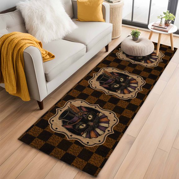 Black Brown Plaid Cat 2'x6' Runner Rug, Vintage Mysterious Washable Non-Slip Area Rugs for Hallway Kitchen Floor Bedroom Entryway, Long Laundry Carpet Decoration Indoor Mat