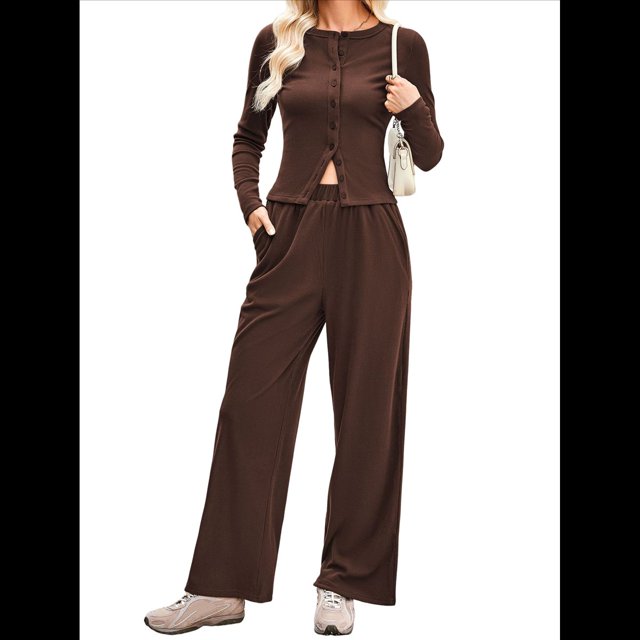 Conjunto de Chándal de 2 Piezas para Mujer, con Pantalones Acampanados de Yoga y Mangas Largas, Estilo Casual, A Juego. Color Café M