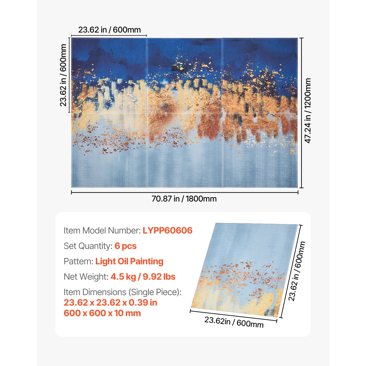 KFFKFF Set of 6 Artistic Acoustic Panels, Dimensions 70.87 x 47.24 x 0.4 inch, Wall-Mounted Soundproof Tiles, Stick-On Decorative Noise Reduction Boards for Household, Workspace, Recording Studio