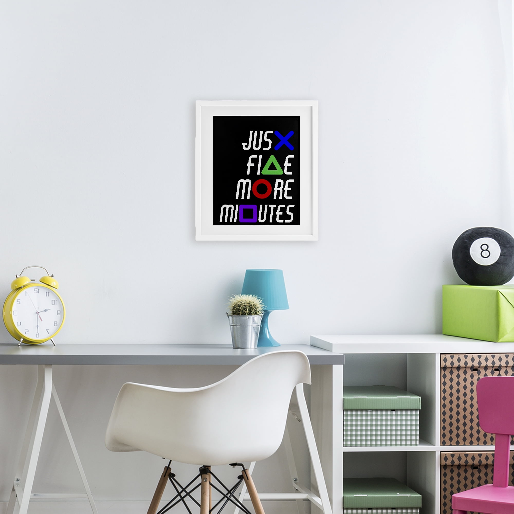 Just Five Minutes Gamer Buttons White Framed Print Under Glass, design by Kim Allen