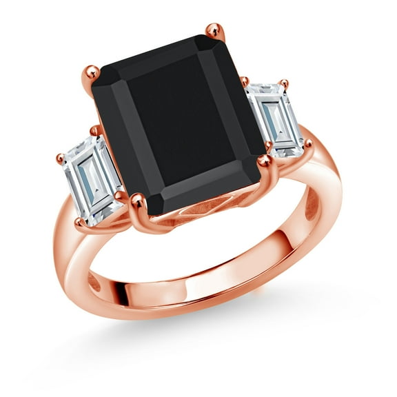 Gem Stone King 18K Rose Gold Plated Silver 3-Stone Ring Octagon Black Onyx and Moissanite (6.91 Cttw, Size 7)