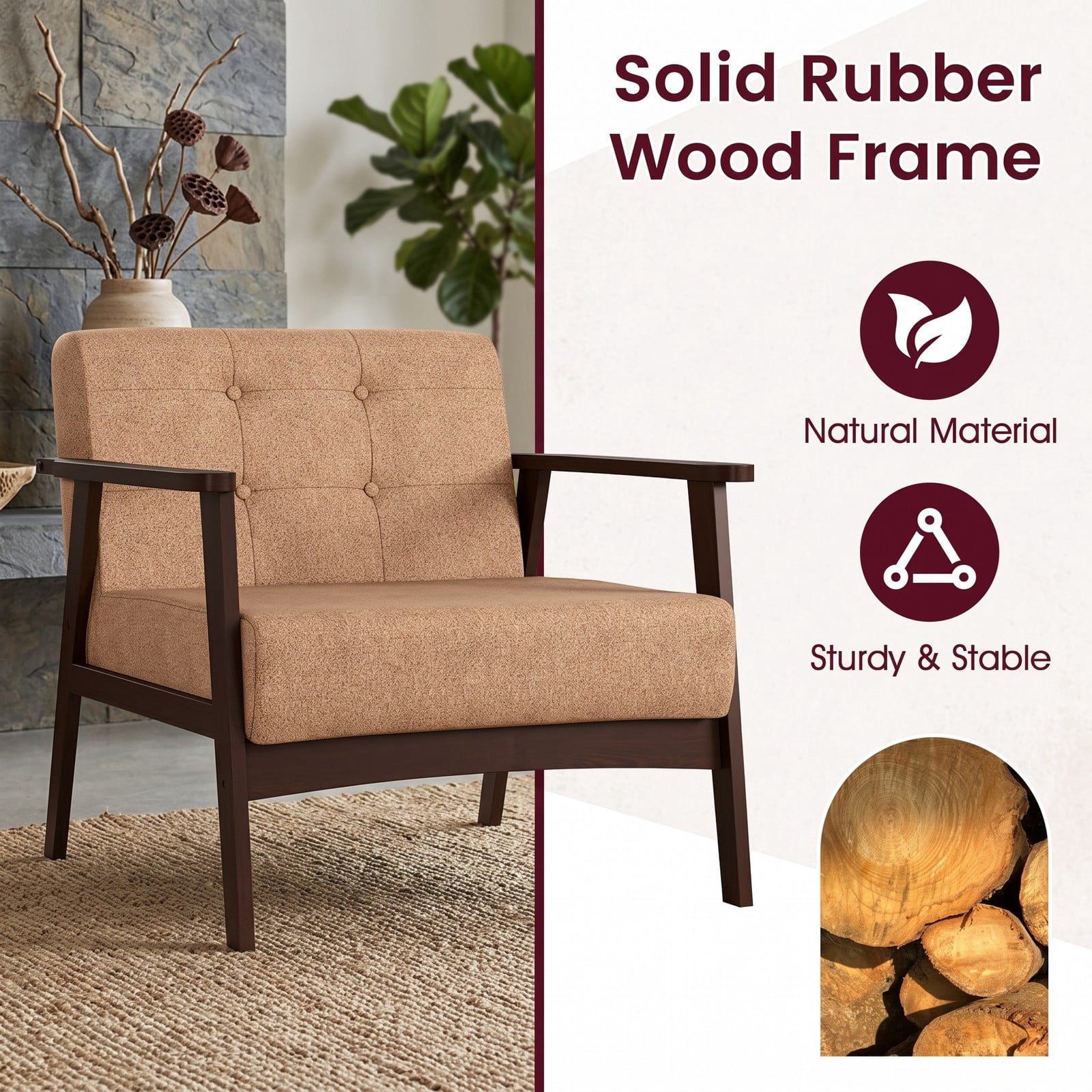 Furnibear Upholstered Accent Chair, Mid-Century Rubber Wood Armchair with Linen Padded Seat and Button-Tufted Backrest for Living Room Bedroom Reading Nook, 330, Beige