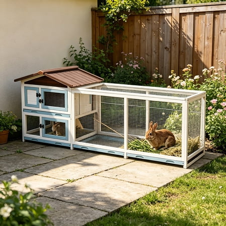 AUU White & Blue Outdoor Multi-Level Fir Wood Rabbit Hutch with Removable Cleaning Trays – Spacious Small Animal Cage for Backyard, Patio, or Garden