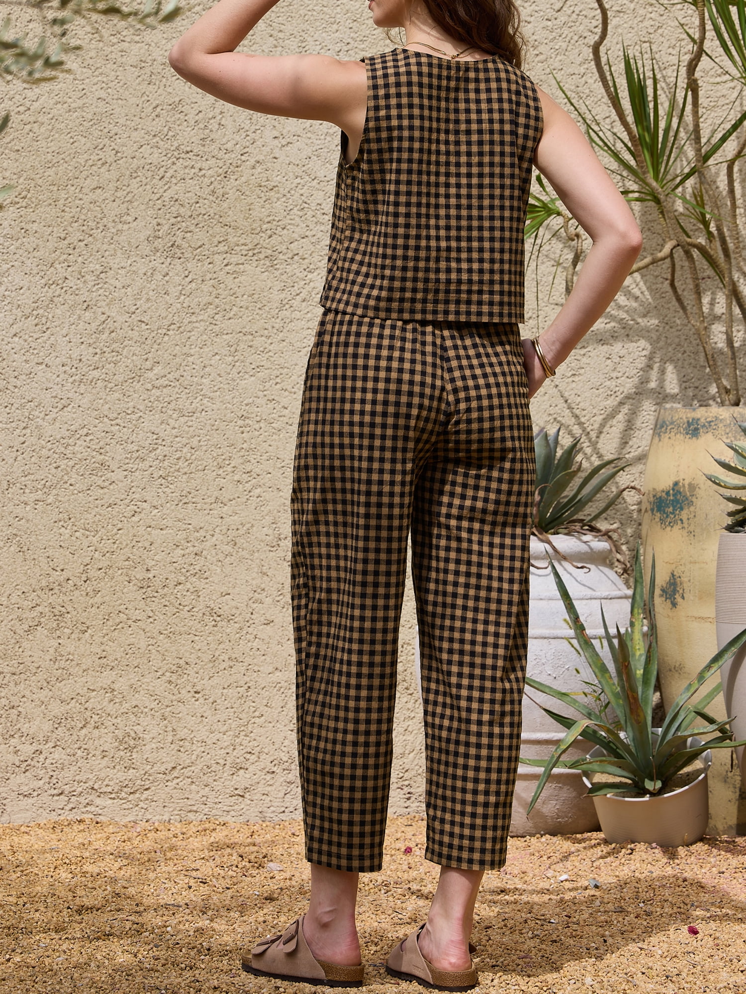 DARING DIVA Women's Gingham Pants Set 2 Piece Outfits Sleeveless Crop Top S Dark Khaki