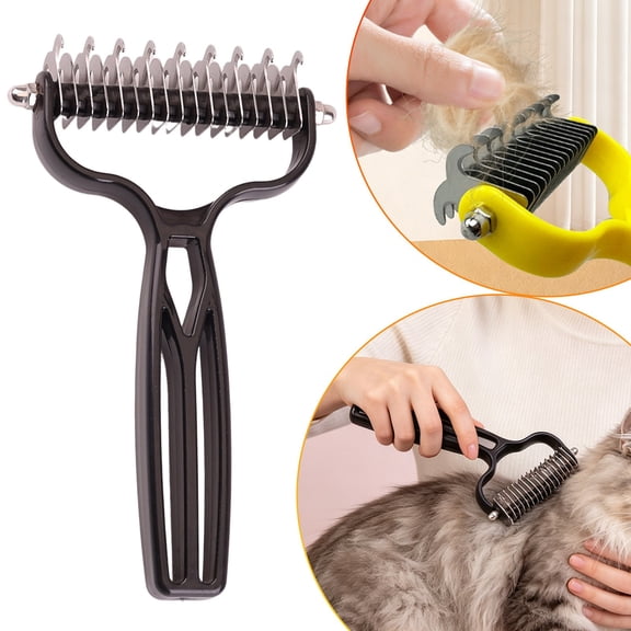 Double Sided Dematting Comb for Cats & Dogs, Undercoat Rake, Safe Deshedding Grooming Tool, Gentle Matt Remover Detangler for Long Thick Haired Pets, Ergonomic Pet Grooming Brush (Lemon)