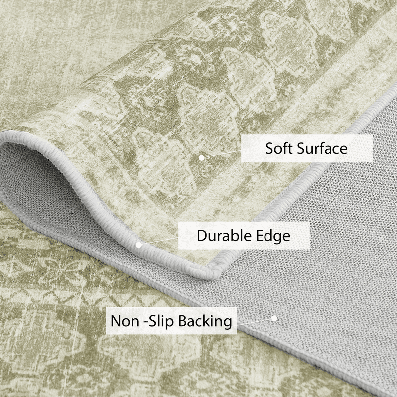 NICETOWN 2'x6' Hallway Runner Rug， Machine Washable Non-Slip Stain Resistant Area Rug Soft Foldable Mysterious Tribal Bordered Indoor Mat for Kitchen Bathroom Laundry Room, Sage Green