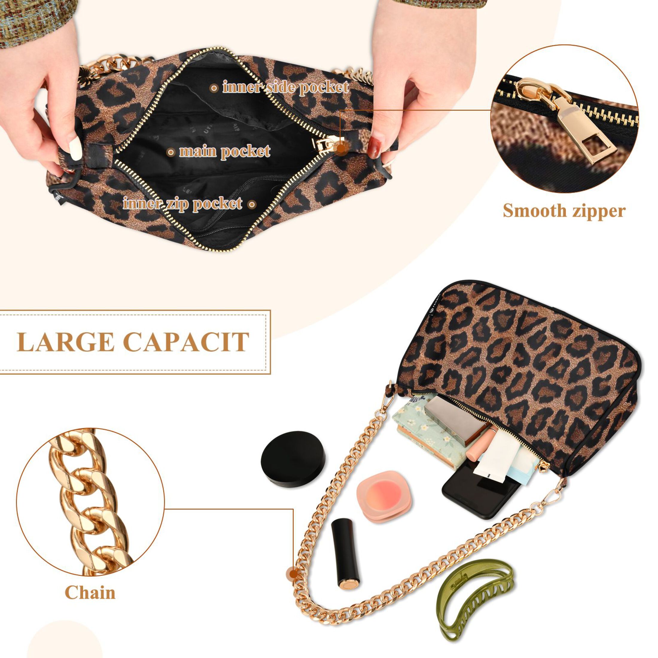 Leopards Print Womens Chain Shoulder Bag Tote Handbag Clutch Hobo Purse with Zipper for Travel Casual
