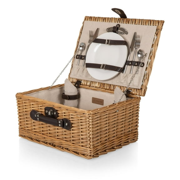Picnic Time Classic English-Style Wicker Picnic Basket for 2 with Deluxe Service, Beige Canvas