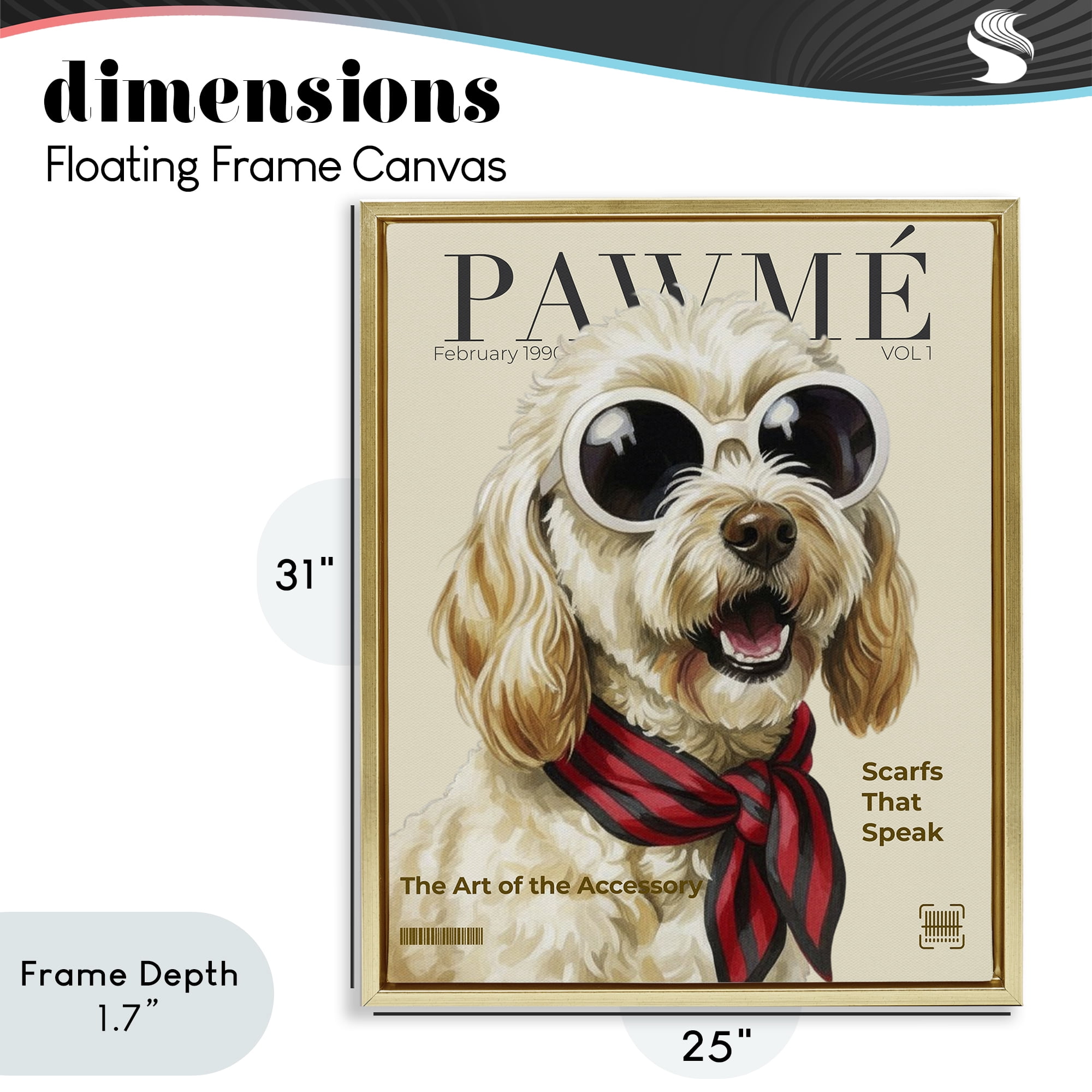Stupell Industries Pawme Dog Fashion Magazine Gold Framed Floater Canvas Wall Art, design by A Barefoot Stylist