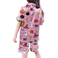 thumbnail image 6 of CONZONE Halloween Pajamas for Toddler Girls Printed Short Sleeve Button Down Tops Shorts with Pants Hallowmas Loungewear Cozy 3 Piece Girls Pjs Set Size 3-4 Years, 6 of 7
