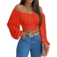 thumbnail image 3 of MIRACMODA Mujer Fuera del Hombro Fruncido Lazo Espalda Crop Top Verano Linterna Manga Boho Camisa Blusa, 3 of 5