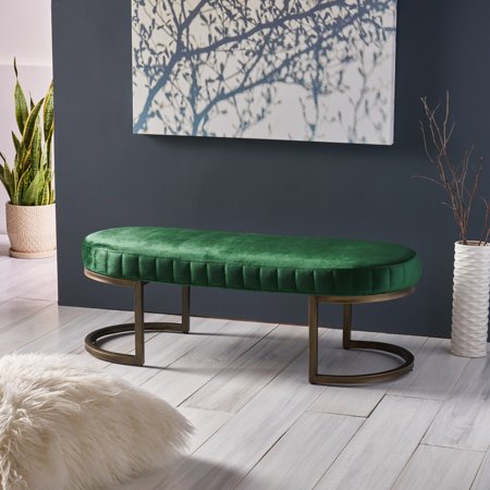 - Nash Modern Glam Velvet Bench, Side Channels, Emerald and Brass