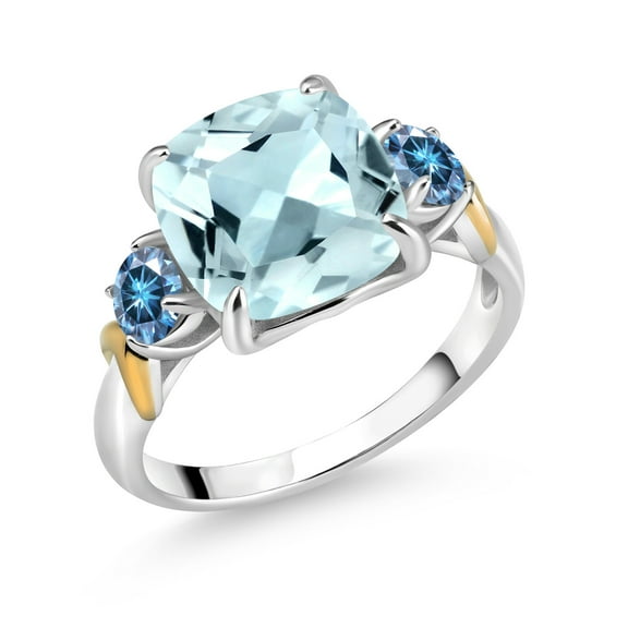Gem Stone King 925 Silver and 10K Yellow Gold Simulated Aquamarine and Persian Blue Moissanite 3 Stone Ring for Women (4.26 Cttw, Gemstone Birthstone, Cushion 10MM, Round 4MM, Size 6)