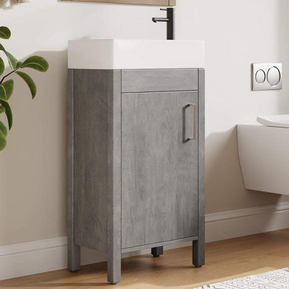 Compact 16 Inch Freestanding Bathroom Vanity with basin – Modern Wooden Cabinet, 2 Soft-Closing Doors, Space-Saving Storage, Easy Assembly – Ideal for Small Spaces, Powder Rooms – Grey