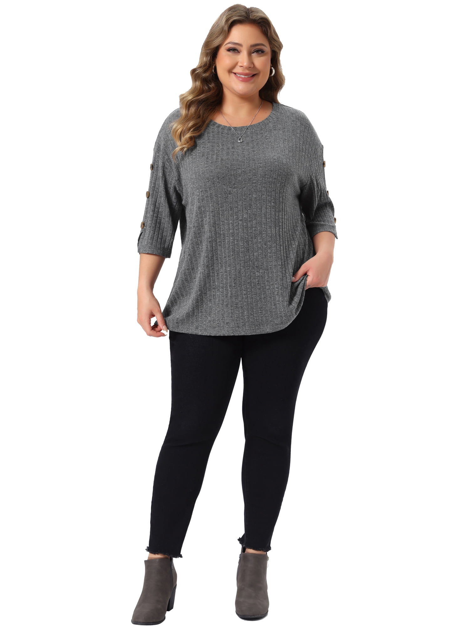 DARING DIVA Women's Plus Crew Neck Slit 3/4 Sleeve Button Tops 2X Grey